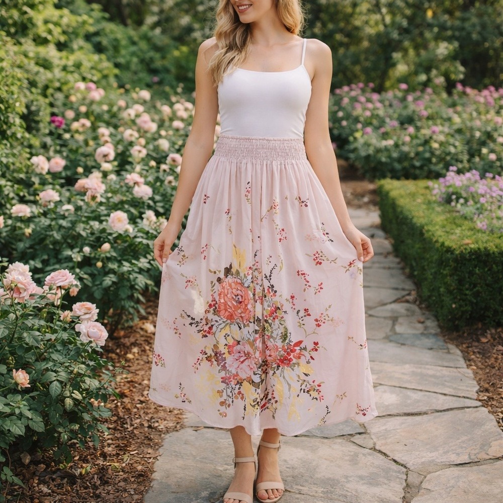 Soft Surroundings Pink Floral Chiffon Maxi Skirt Sequin Smocked Waist Womens M